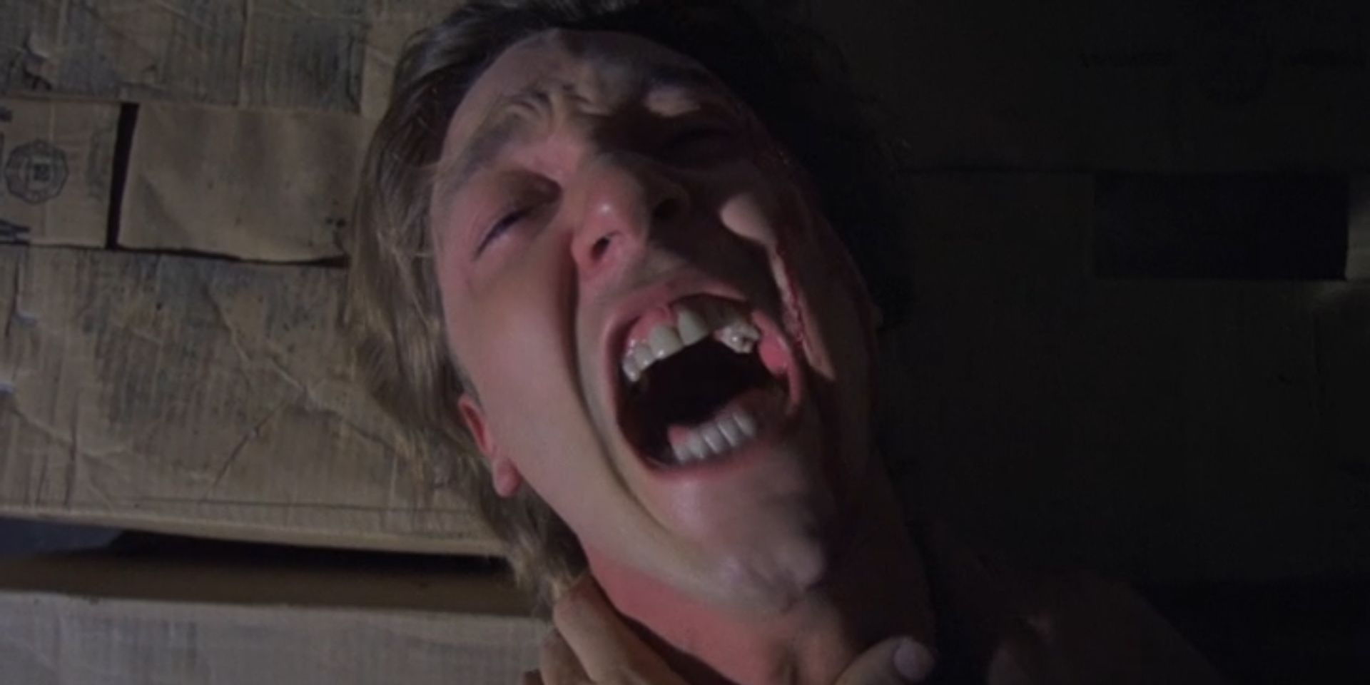 Burr Steers screams as a cardboard baler descends towards his head in Intruder (1989)