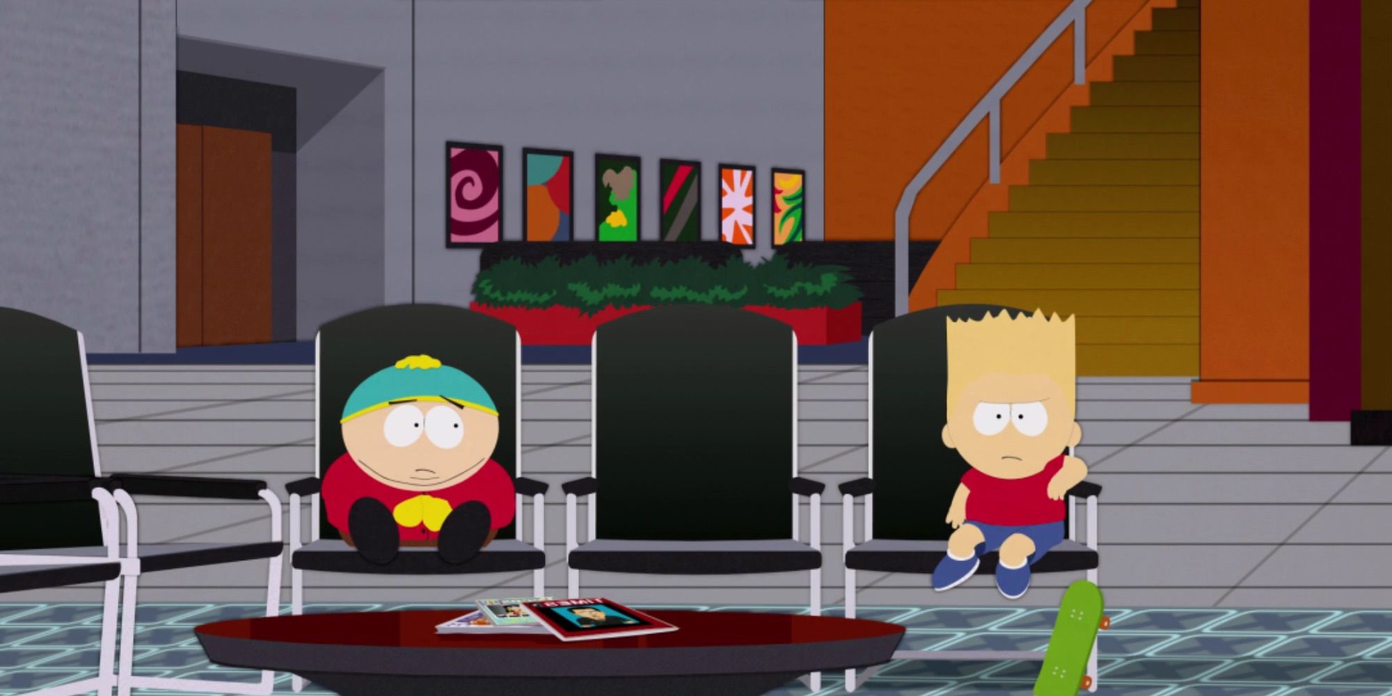 A nervous Cartman sits in a lobby alongside an angered Bart Simpson.