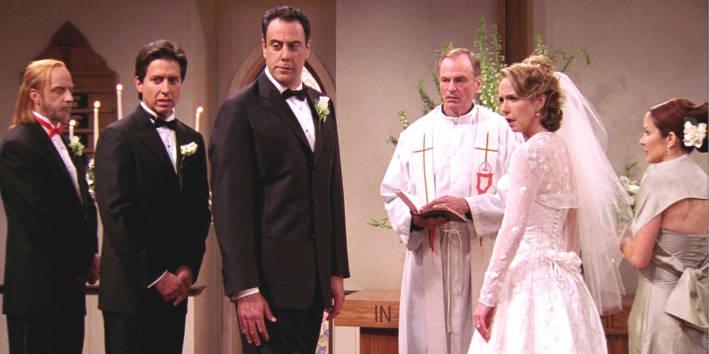 Chris Elliot, Ray Ramano, Brad Garret, _Monica Heron and Patricia Heaton in Everybody Loves Raymond episode Robert's Wedding
