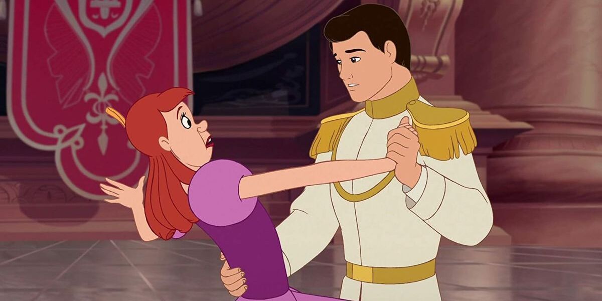 A still from Cinderella III: A Twist in Time, featuring step-sister Anastasia dancing with Prince Charming