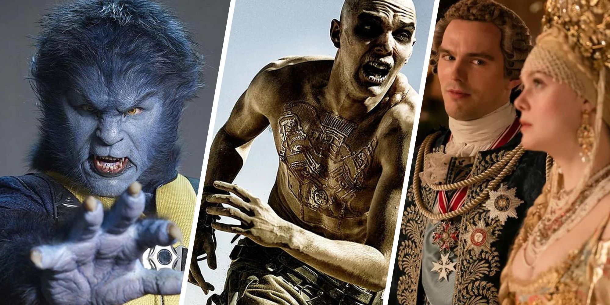 Collage with images of Nicholas Hoult in 'X-Men First Class', 'Mad Max Fury Road', and 'The Great'
