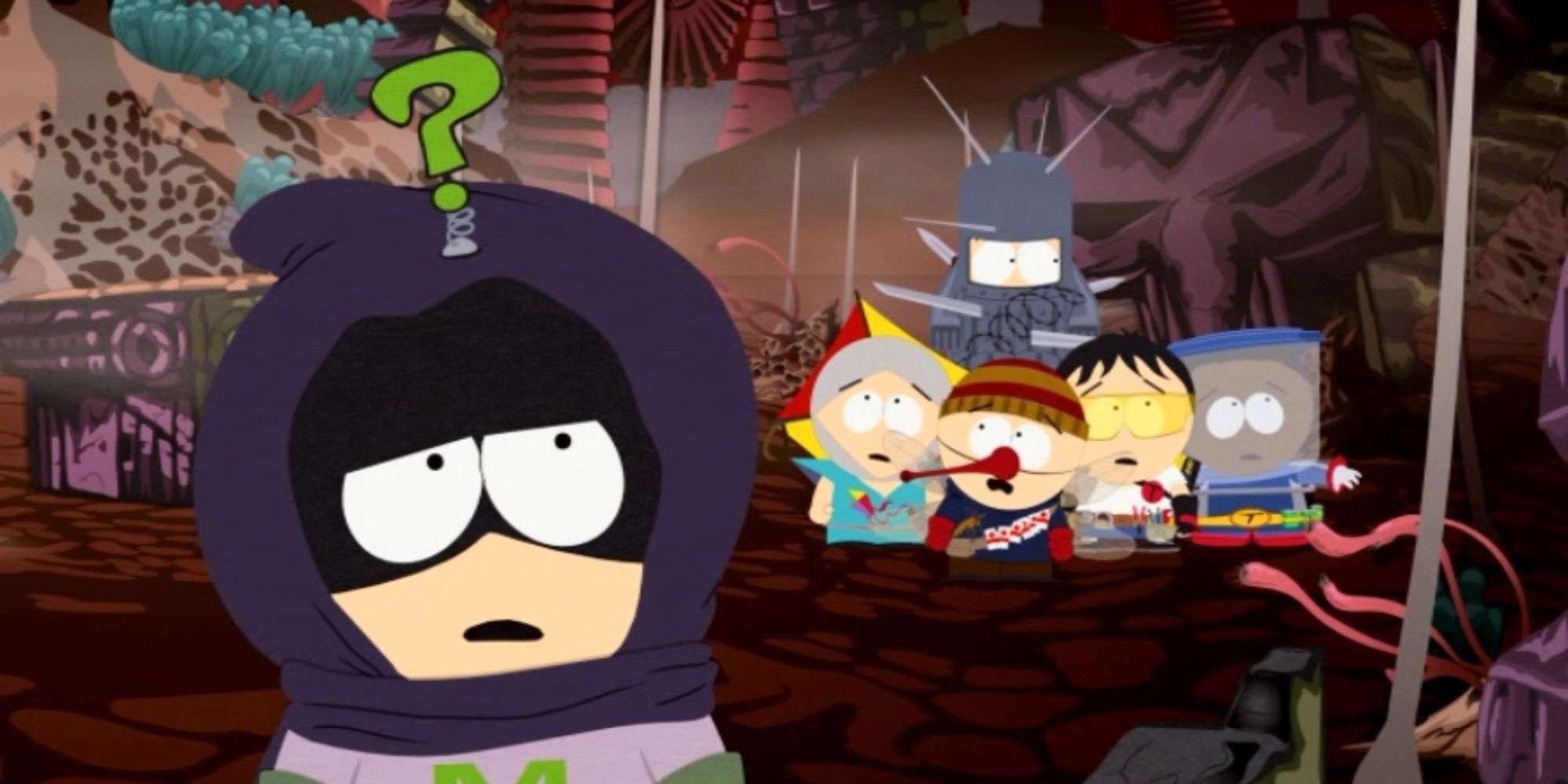 Mysterion (Matt Stone) and his friends hear something onimous in Mysterion Rises (2010)