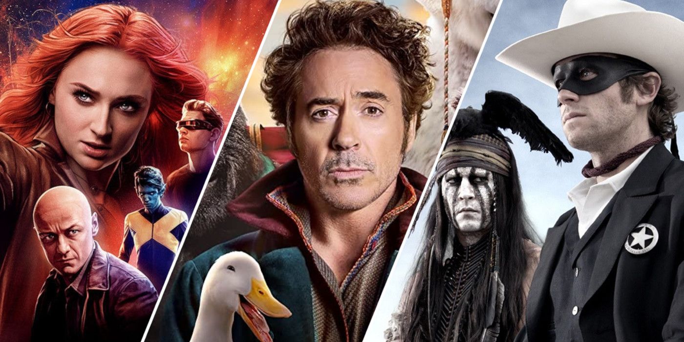 Split image showing characters from Dark Phoenix, Dolittle, and The Lone Ranger