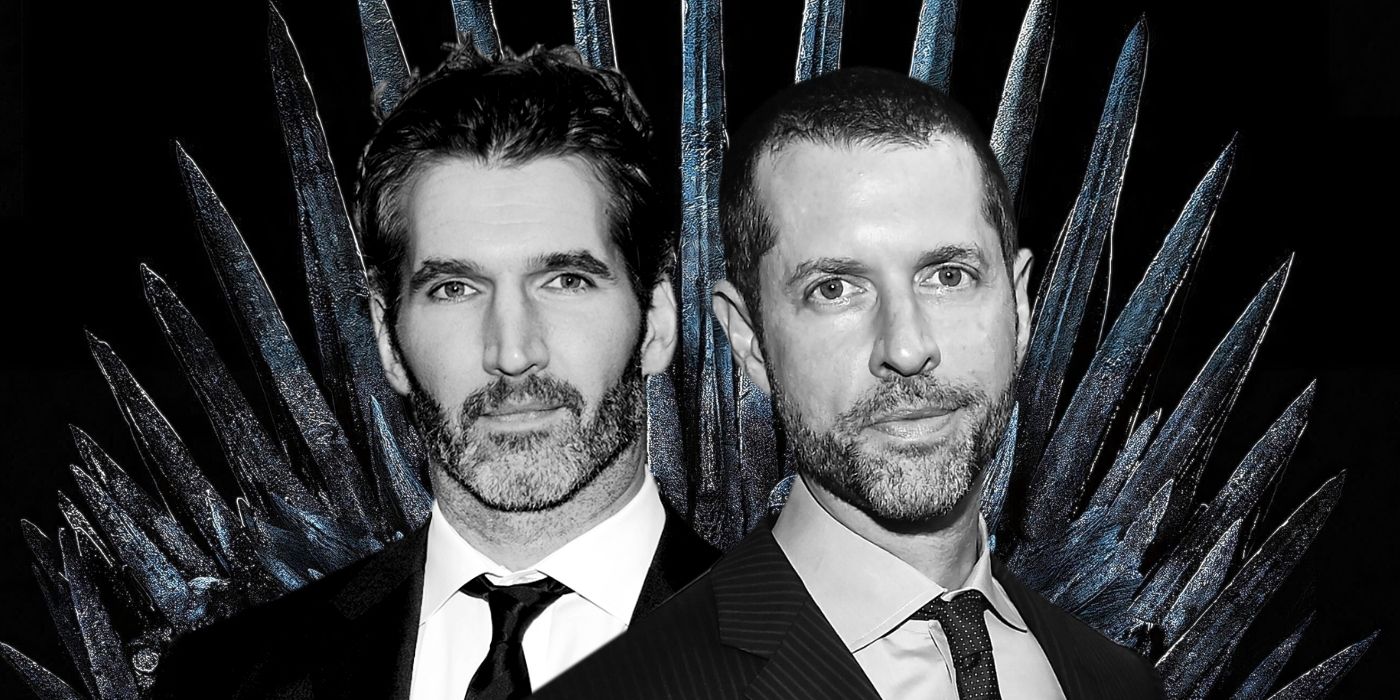 A custom image of David Benioff and D.B. Weiss in front of the Iron Throne