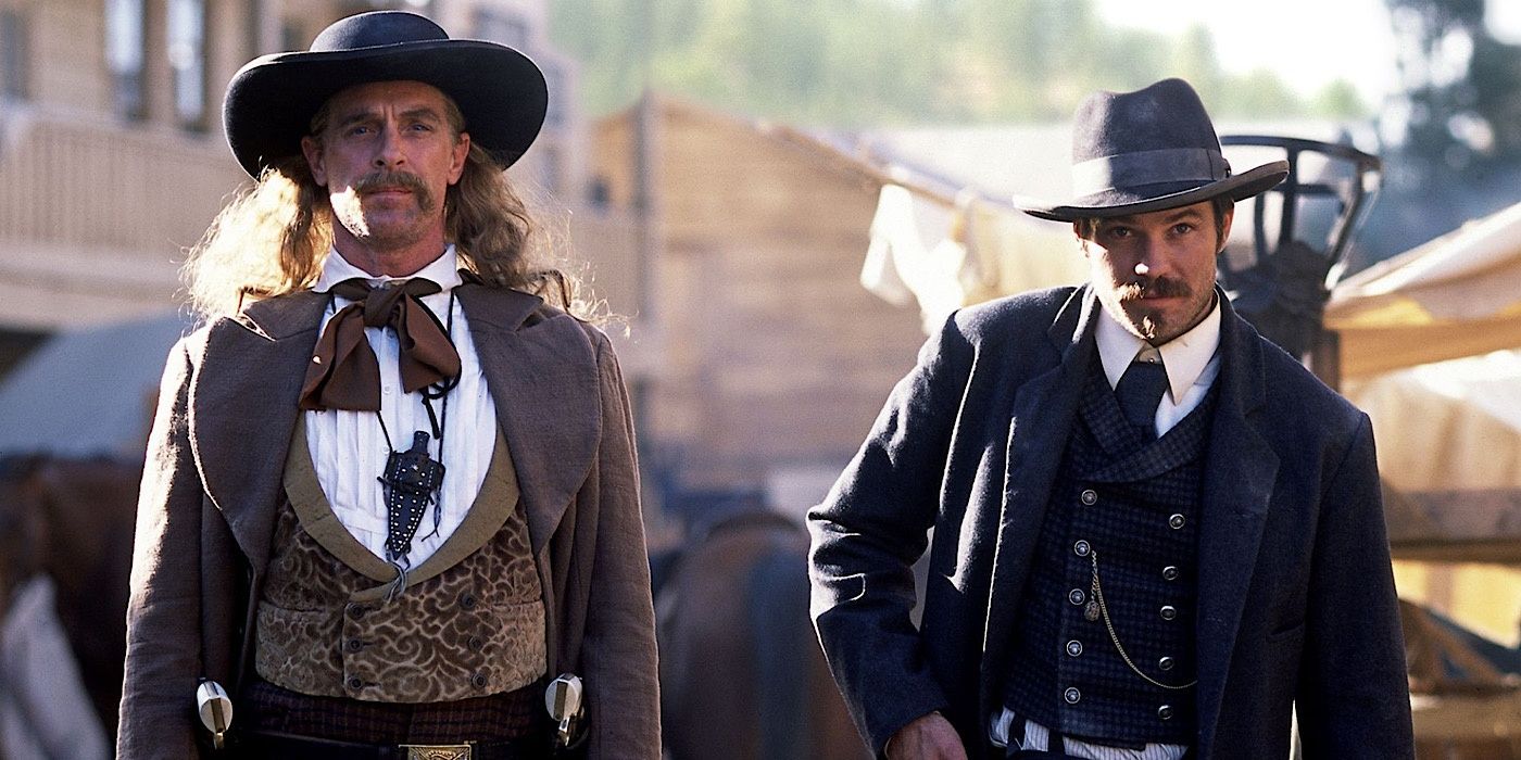 Keith Carradine as Wild Bill Hickok and Timothy Olyphant as Seth Bullock in Deadwood. 