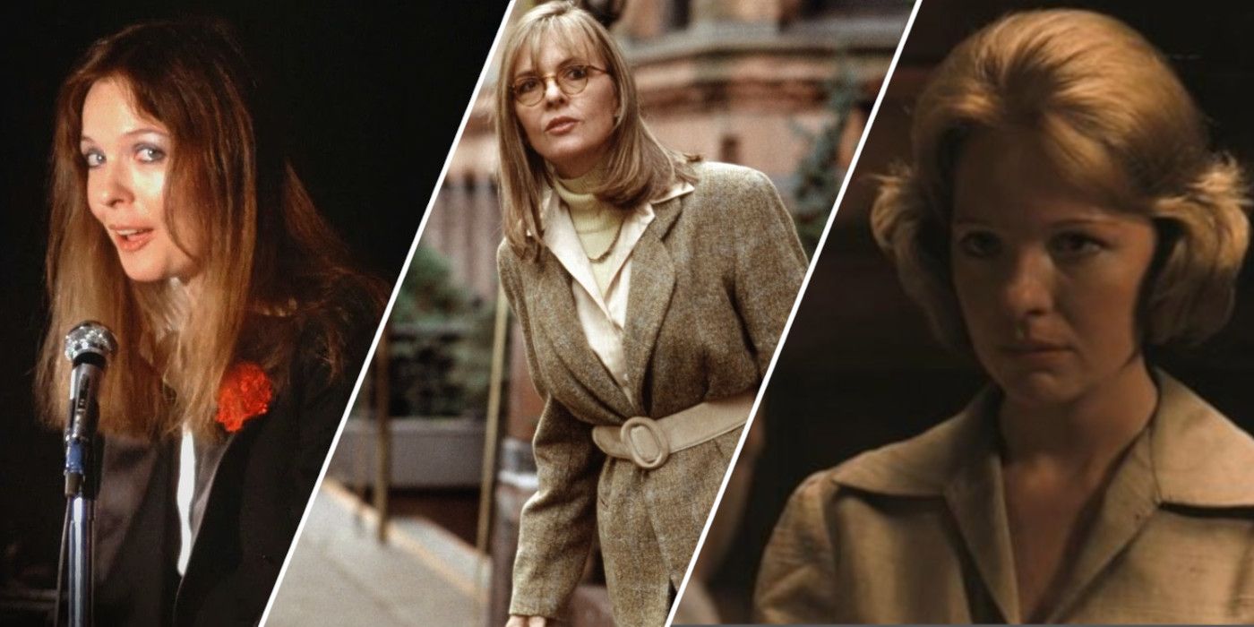 Split image showing Diane Keaton in Annie Hall, Manhattan Murder Mystery, and The Godfather