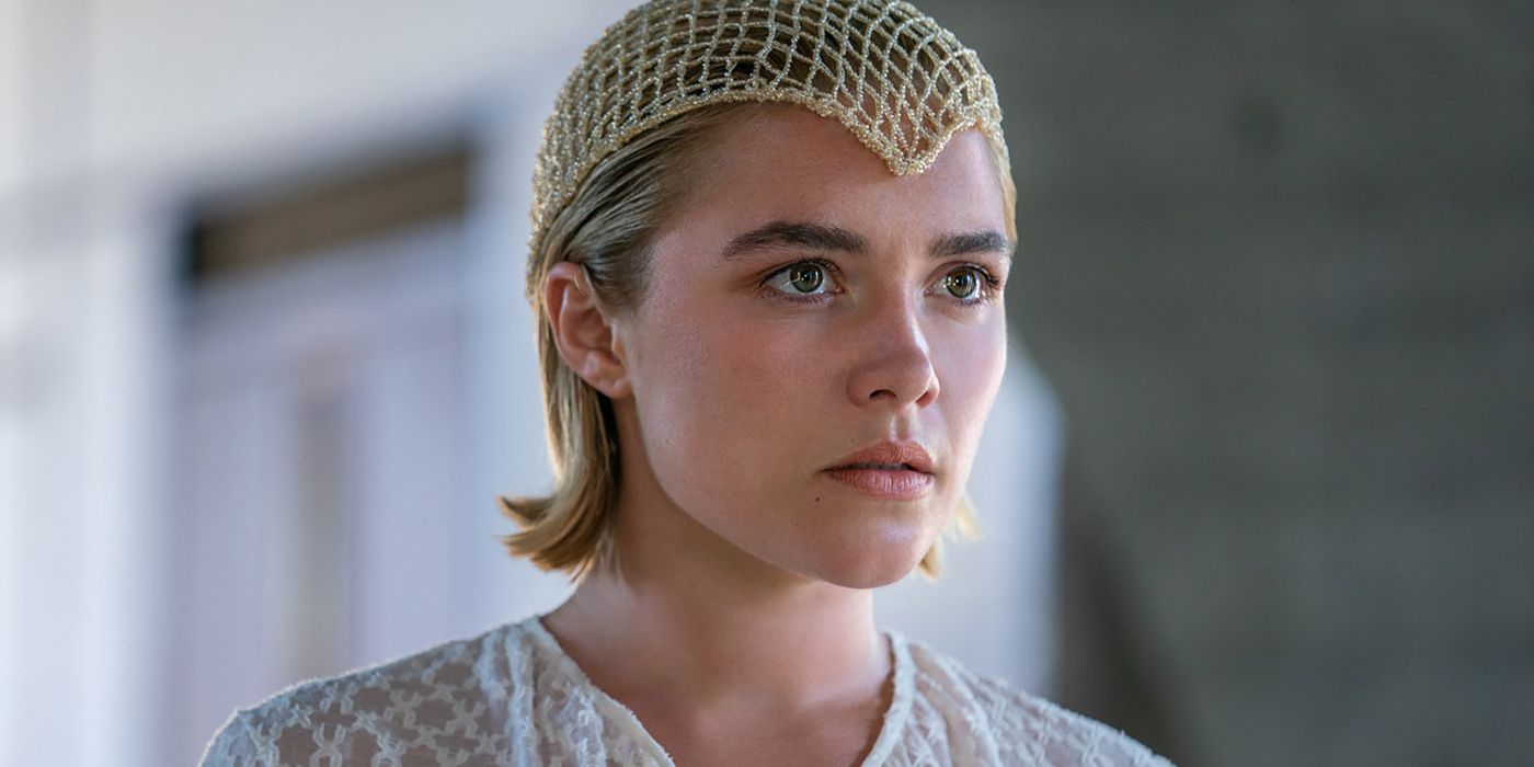Florence Pugh with a gold net on her head as Princess Irulan in Dune 2