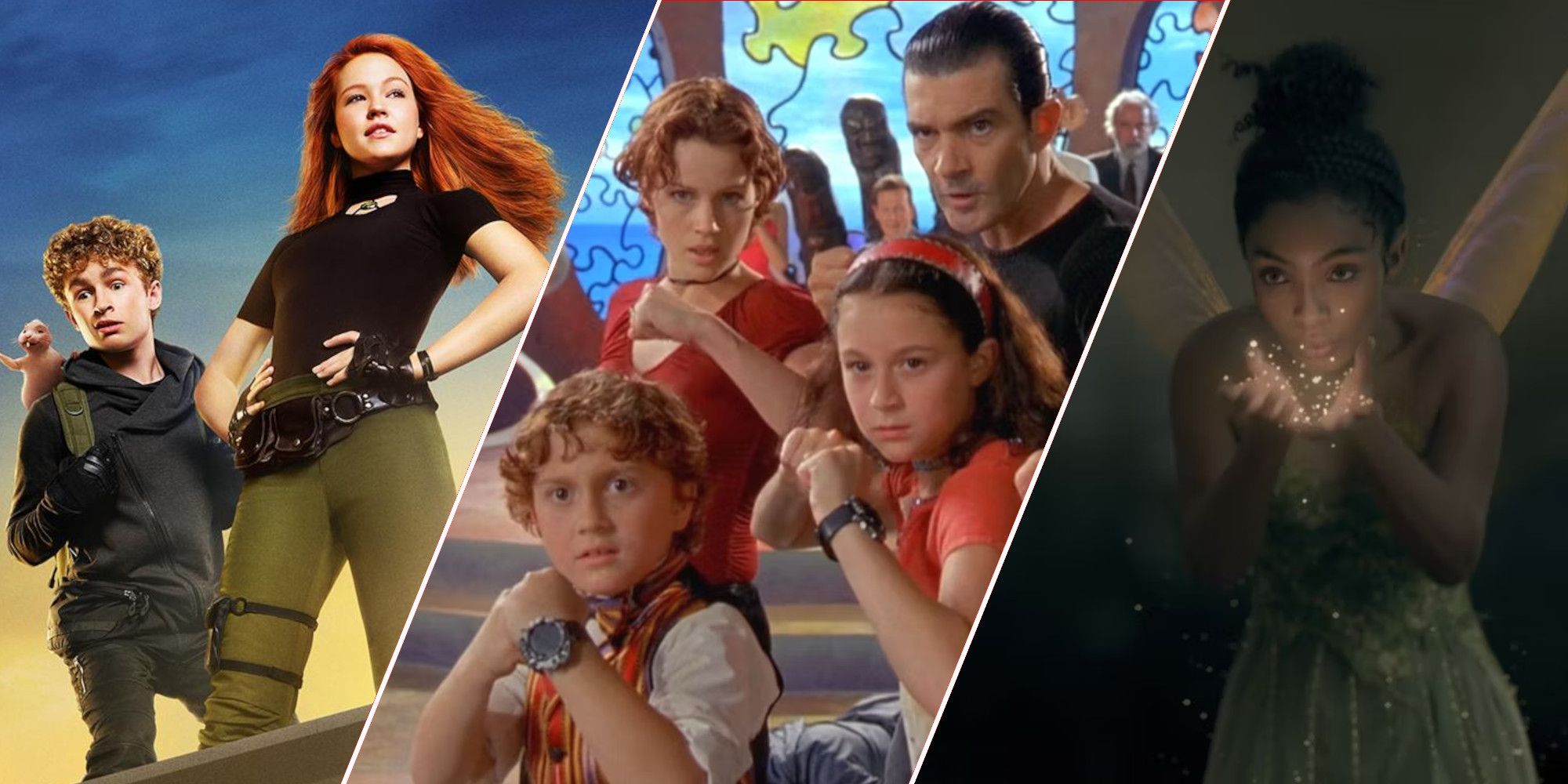 A collage of family movies that critics loved, but audiences hated according to Rotten Tomatoes, featuring stills from Kim Possible (2019), Spy Kids, and Peter Pan & Wendy