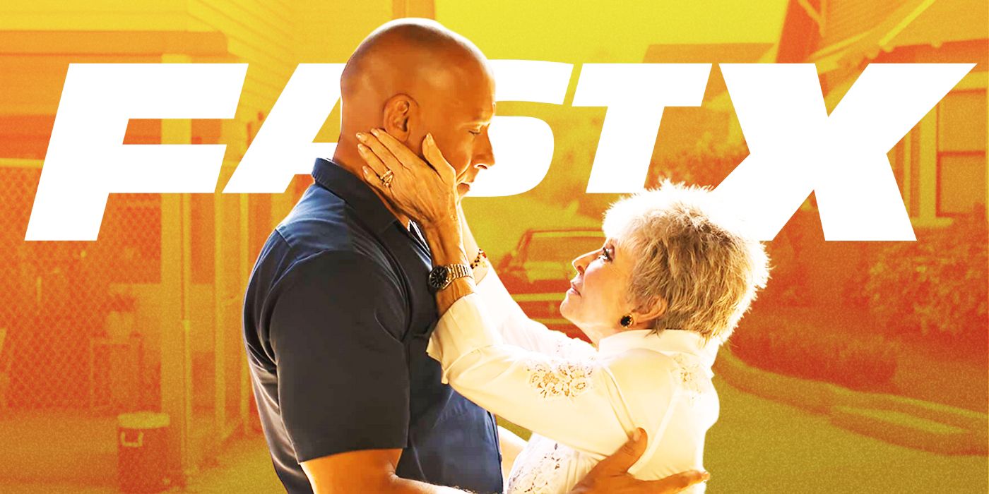 Vin Diesel as Domenic Toretto and Rita Moreno as Abuelita holding and looking in each other's eyes in front of Fast X logo