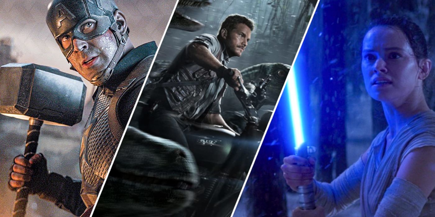 from L to R: Man in blue outfit holding hammer, man riding motorcycle with velociraptors, woman in forest at night holding lightsaber