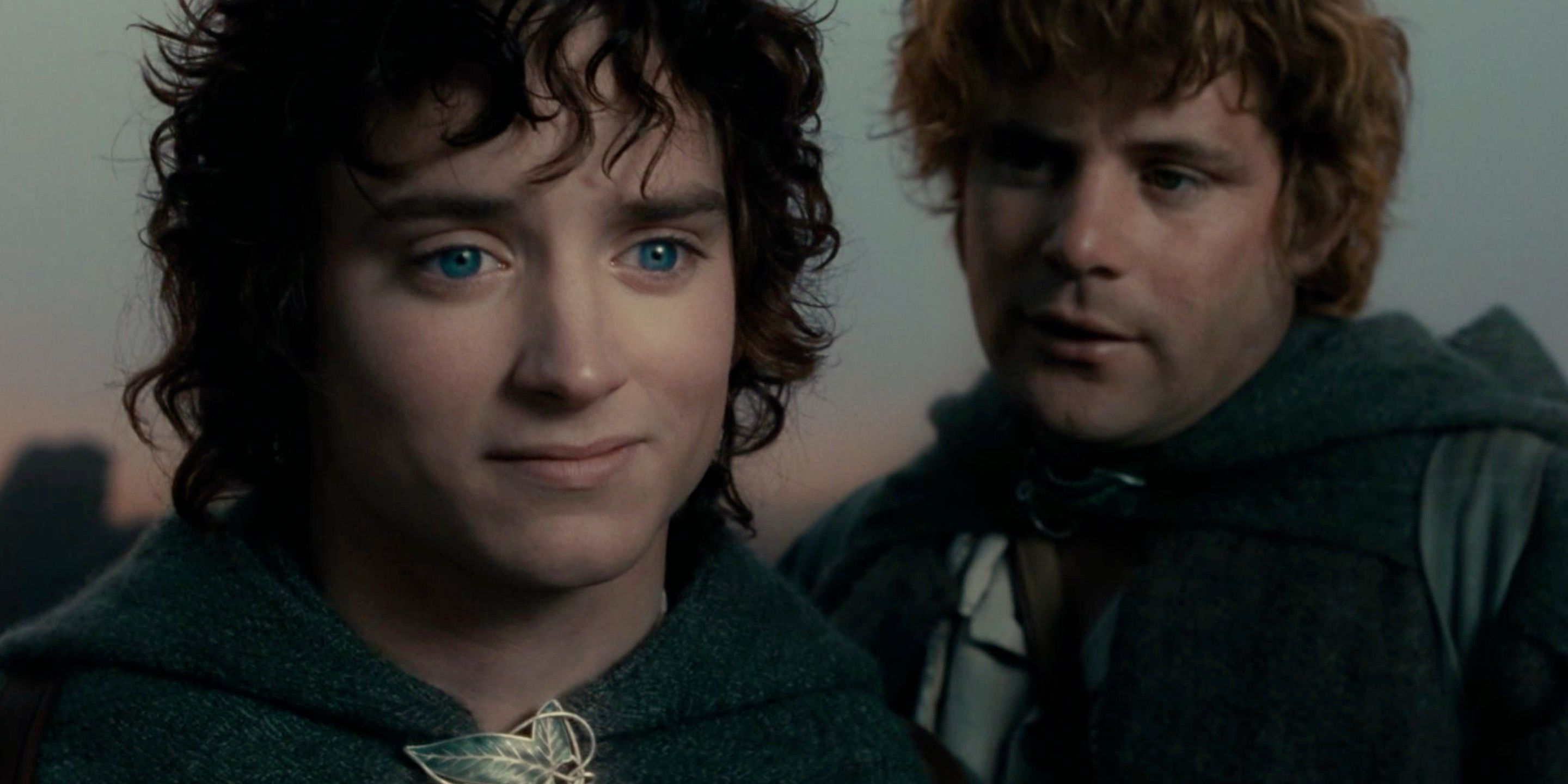 Frodo (Elijah Wood)looking off in the distance and Sam (Sean Astin) looking at Frodoin The Fellowship of the Ring