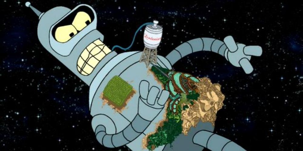 Bender floats through space with a mini civilization on his body.