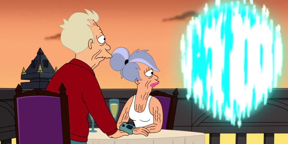 An elderly Philip Fry and Turanga Leela sit together as a portal opens