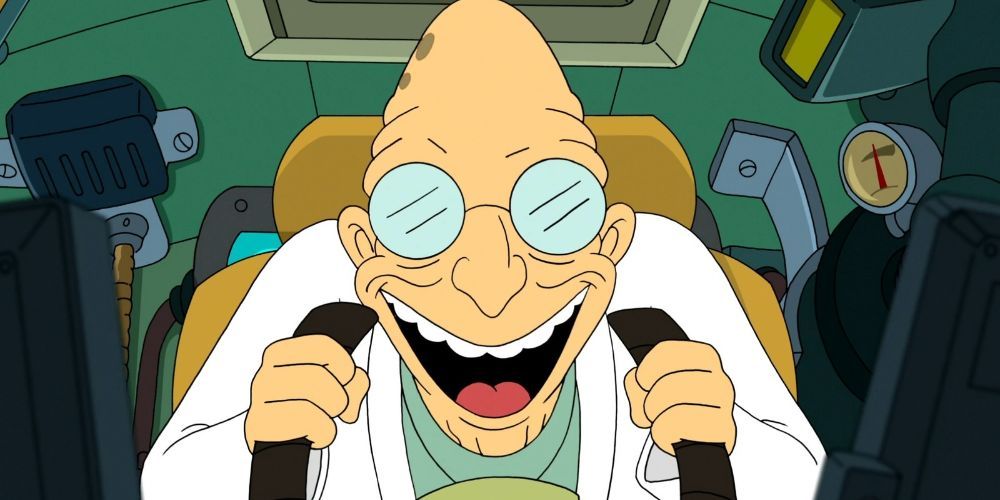 Professor Humbert Farnsworth laughing while driving his spaceship