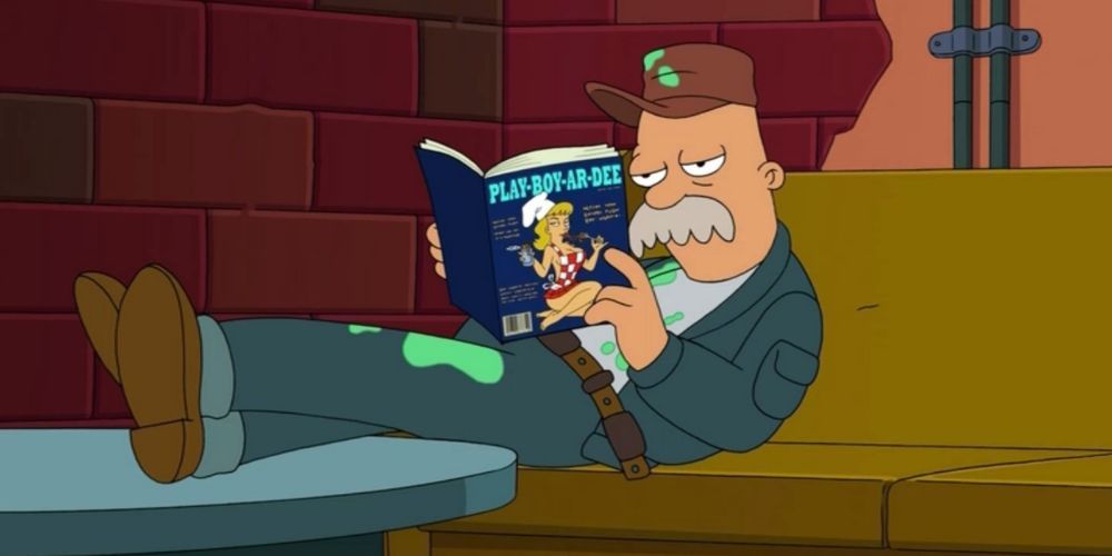 Scruffy the Janitor reading a playboy magazine
