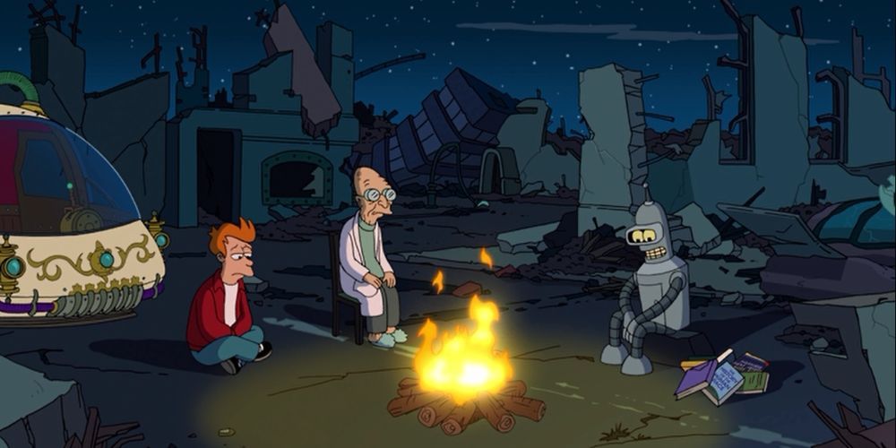 Philip Fry, Bender, and Hubert Farnsworth sit together in the apocalypse 