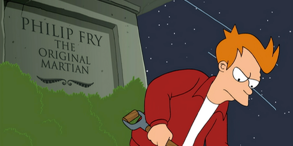 Philip Fry digs up the grave of his nephew. 