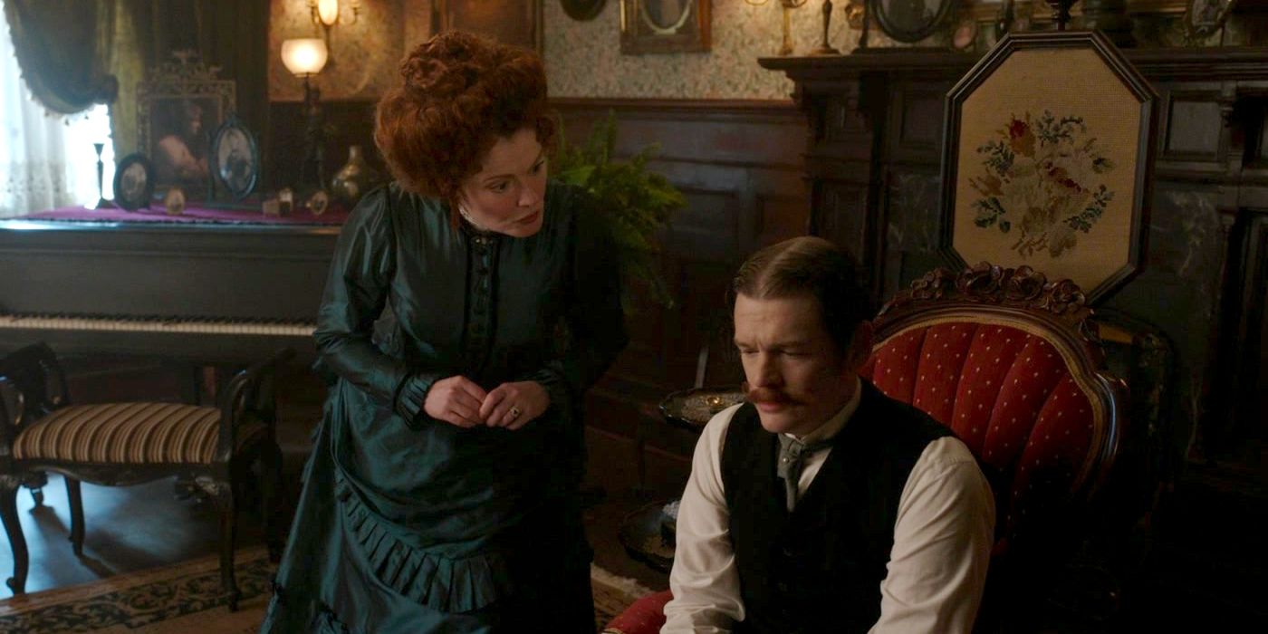 Hetty tries to give her son Thomas advice in a scene from Ghosts