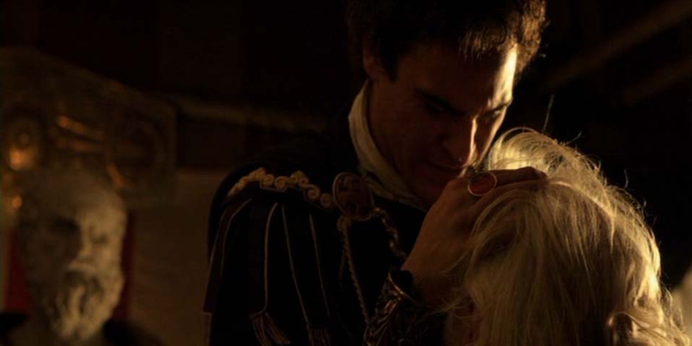 Commodus kissing Marcus Aurelius' forehead while crying in Gladiator (2000)