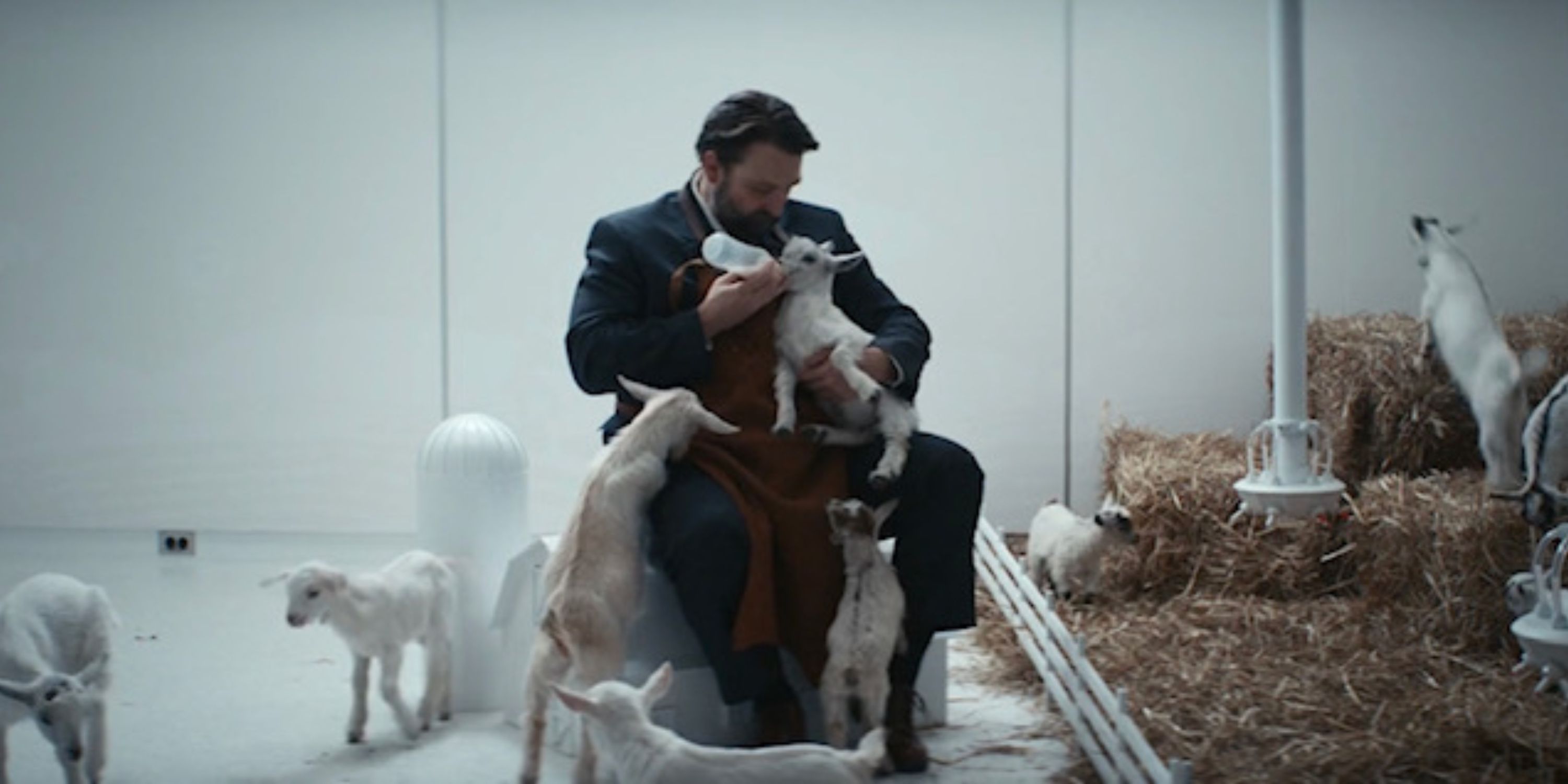 A man feeding baby goats in an all white room from 