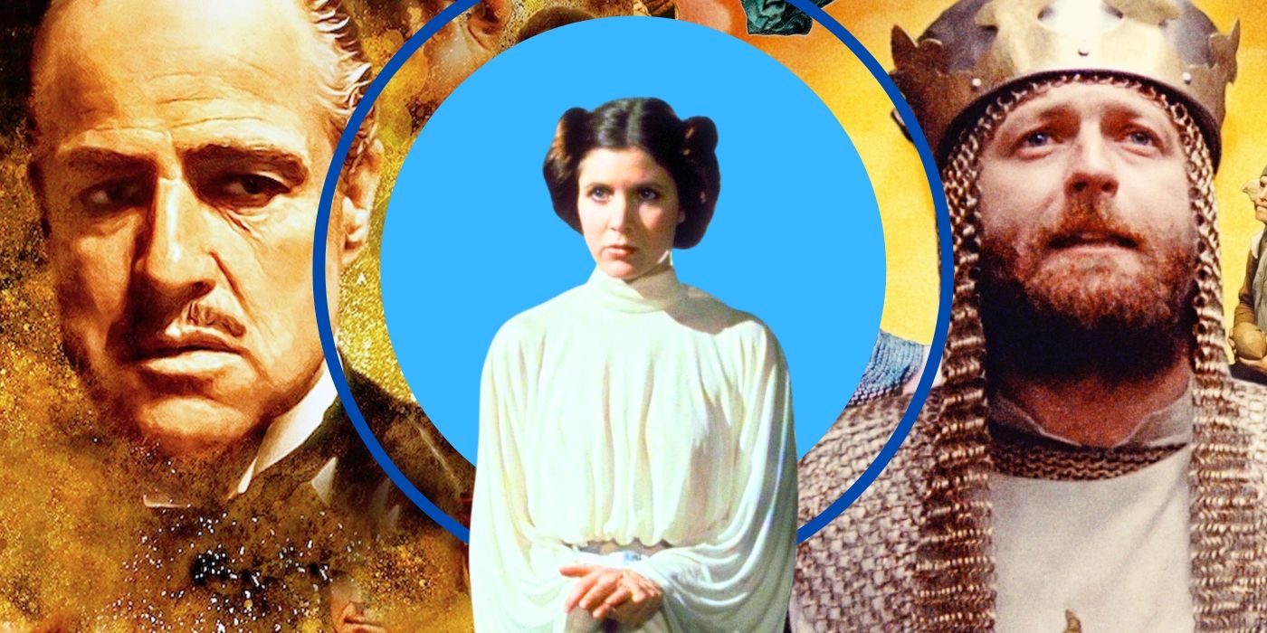 image has a gold background with two blue circles in the center: one is thin and encricles a full circle. stills from L to R: Godfather, Star Wars IV, and Monty Python and the Holy Grail