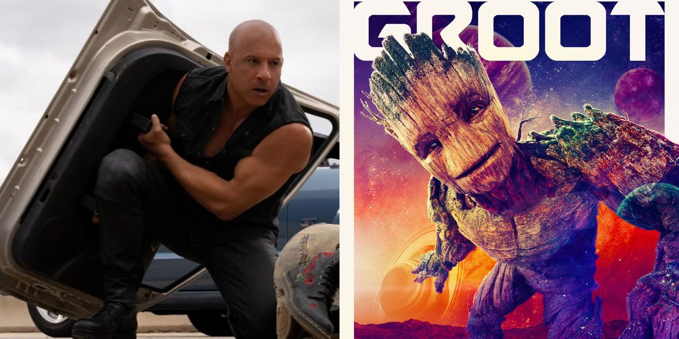 Vin Diesel in Fast X side-by-side with a character poster of Groot from Guardians of the Galaxy Vol. 3