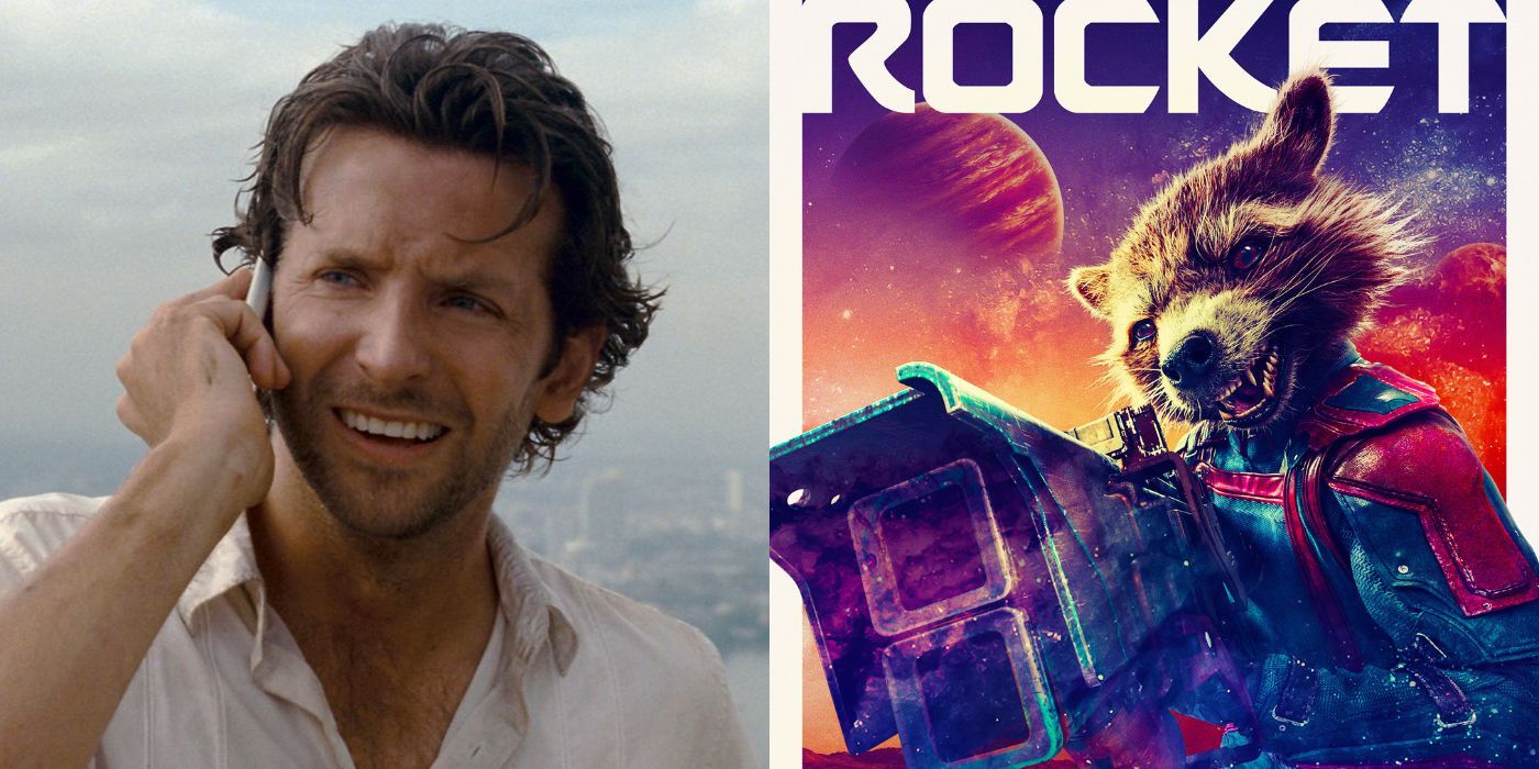 Bradley Cooper in The Hangover side-by-side with a character poster of Rocket from Guardians of the Galaxy Vol. 3