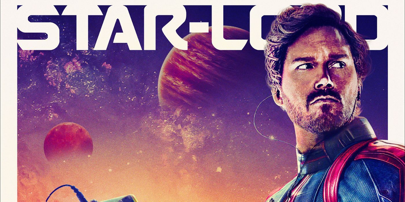 Chris Pratt as Star Lord on a character poster for Guardians of the Galaxy Vol. 3