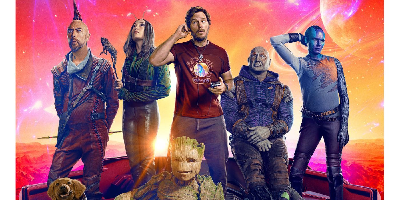 Sean Gunn, Pom Klementieff, Chris Pratt, Dave Bautista, and Karen Gillan as Kraglin, Mantis, Star Lord, Drax, and Nebula alongside Cosmo and Groot in the poster for Guardians of the Galaxy Vol. 3