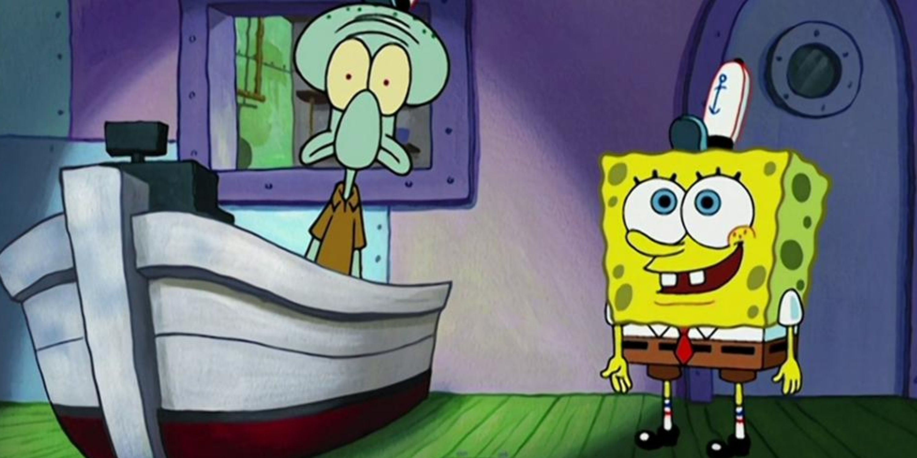 Squidward looking scared and Spongebob smiling in the Graveyard Shift episode