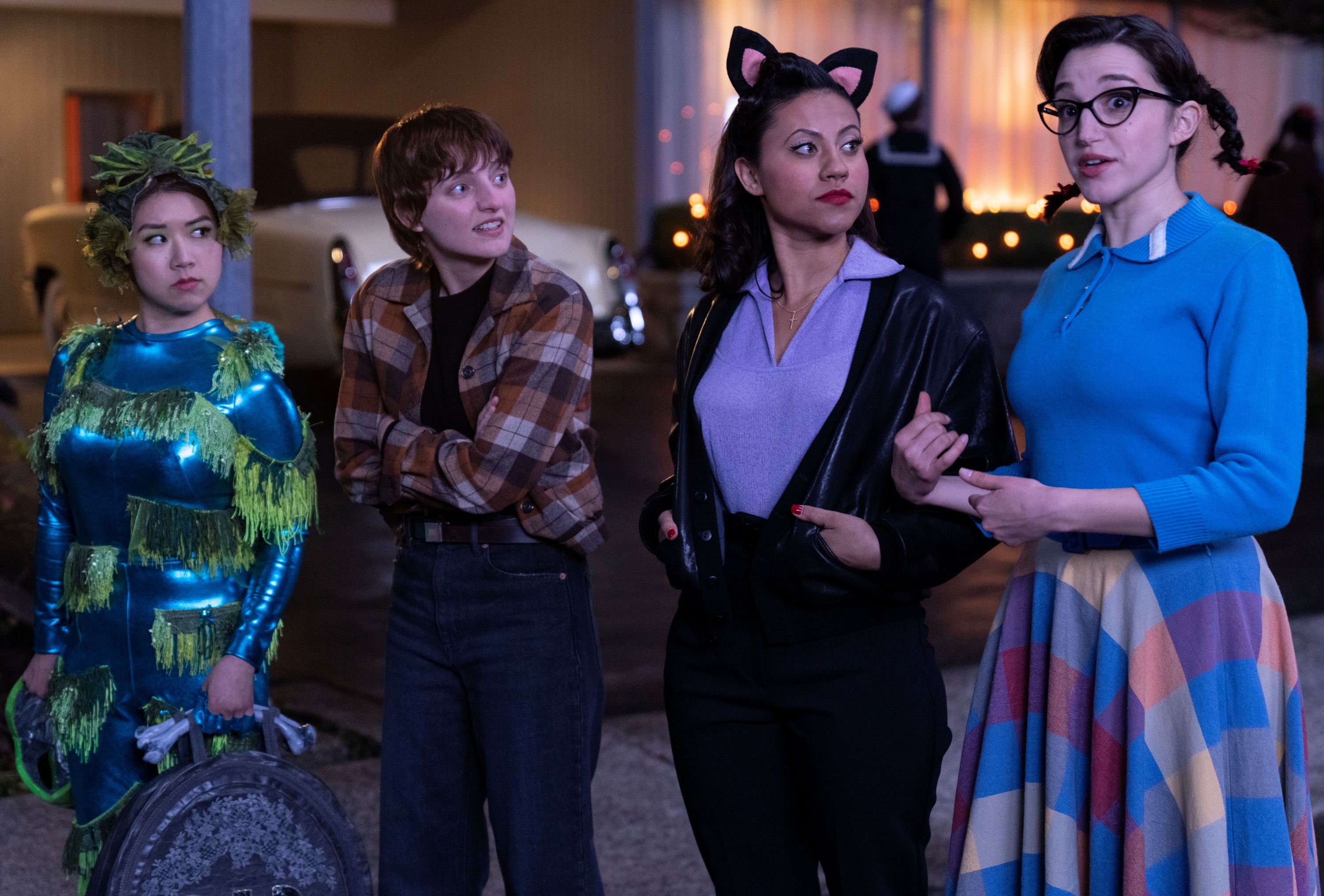 Marisa Davila as Jane, Cheyenne Isabel Wells as Olivia, Tricia Fukuhara as Nancy, and Ari Notartomaso as Cynthia in Grease: Rise of the Pink Ladies