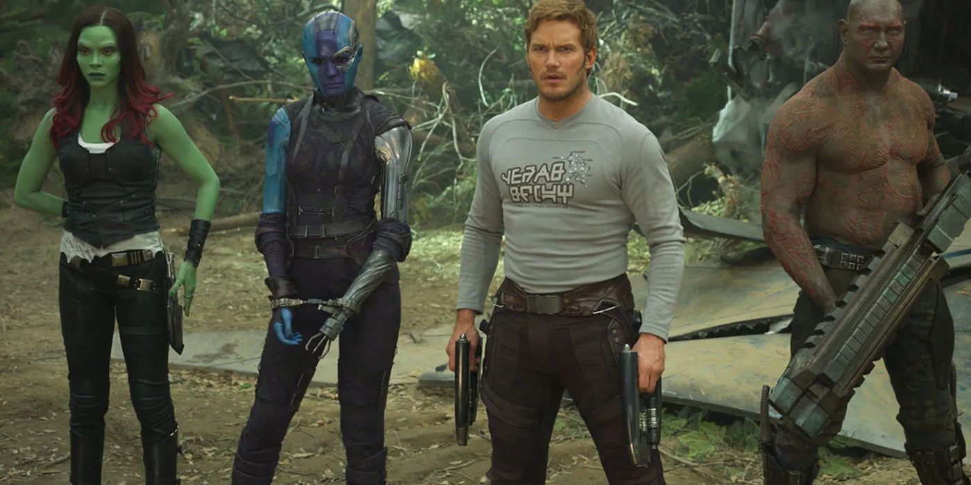 Zoe Saldaña, Karen Gillan, Chris Pratt, and Dave Bautista in Guardians of the Galaxy 2
