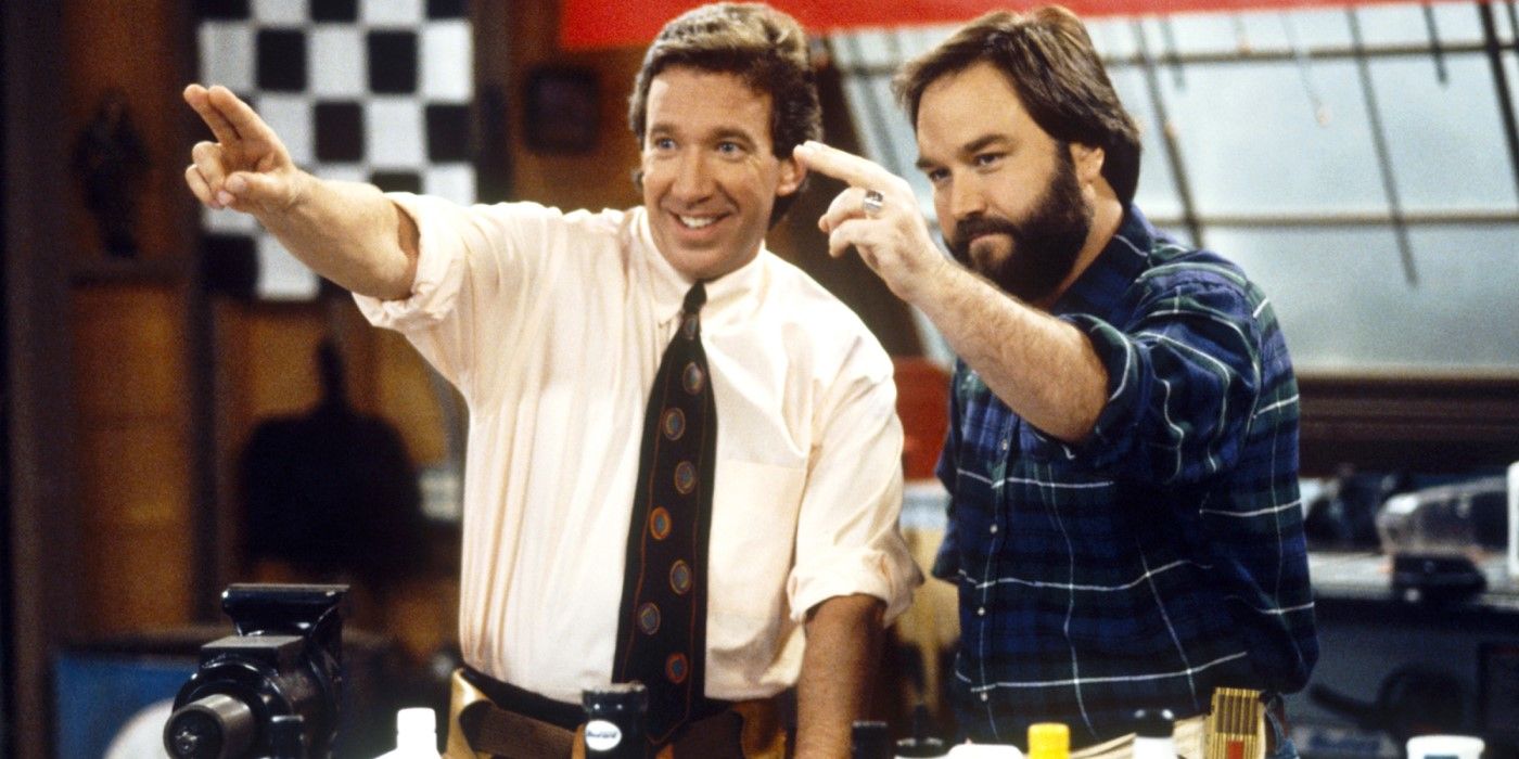 Tim Taylor (Tim Allen) and Al Borland (Richard Karn) filming 'Tool Time' on 'Home Improvement'