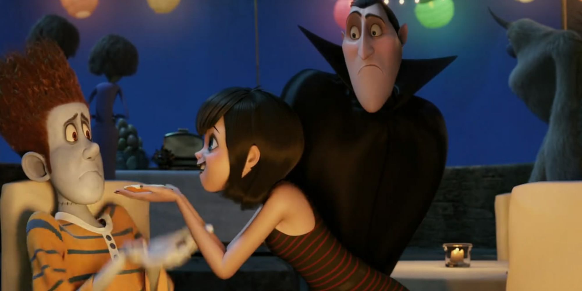 Dracula looks as his daughter holds her hand up to a buy in Hotel Transylvania