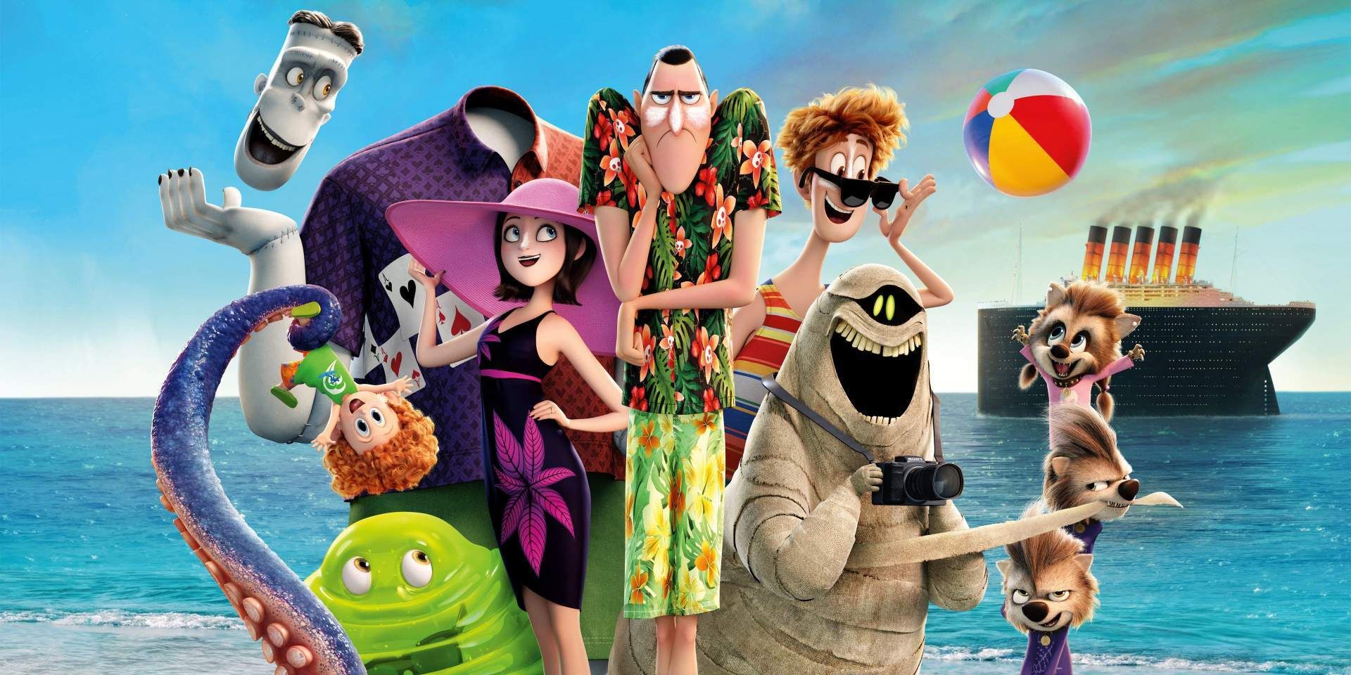 Une photo promotionnelle pour Hotel Transylvania 3: Summer Vacation mettant en vedette l'ensemble du casting de personnages monstres en tenues d'été.