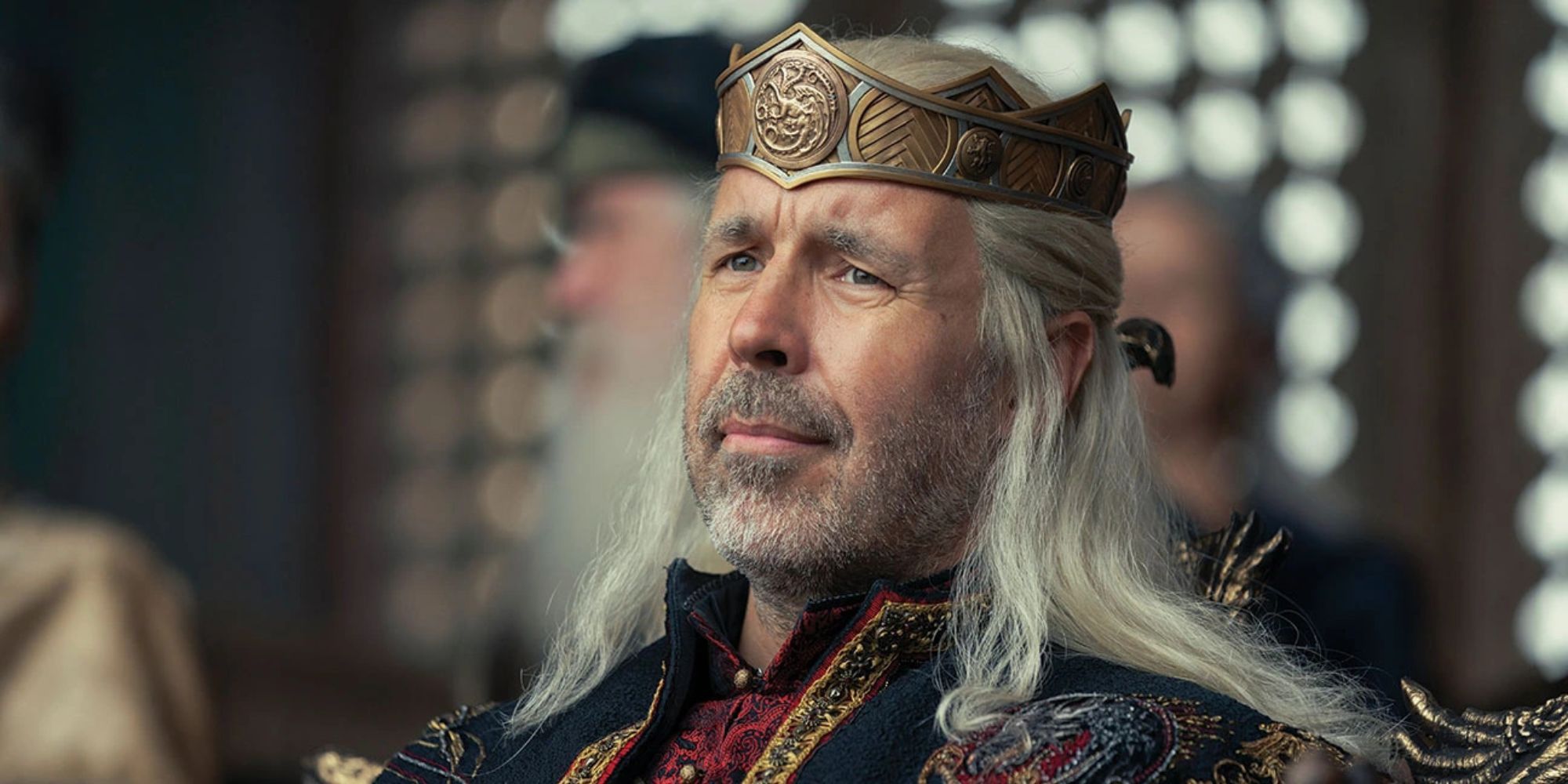 King Viserys Targaryen, wearing his crown and looking displeased in House of the Dragon