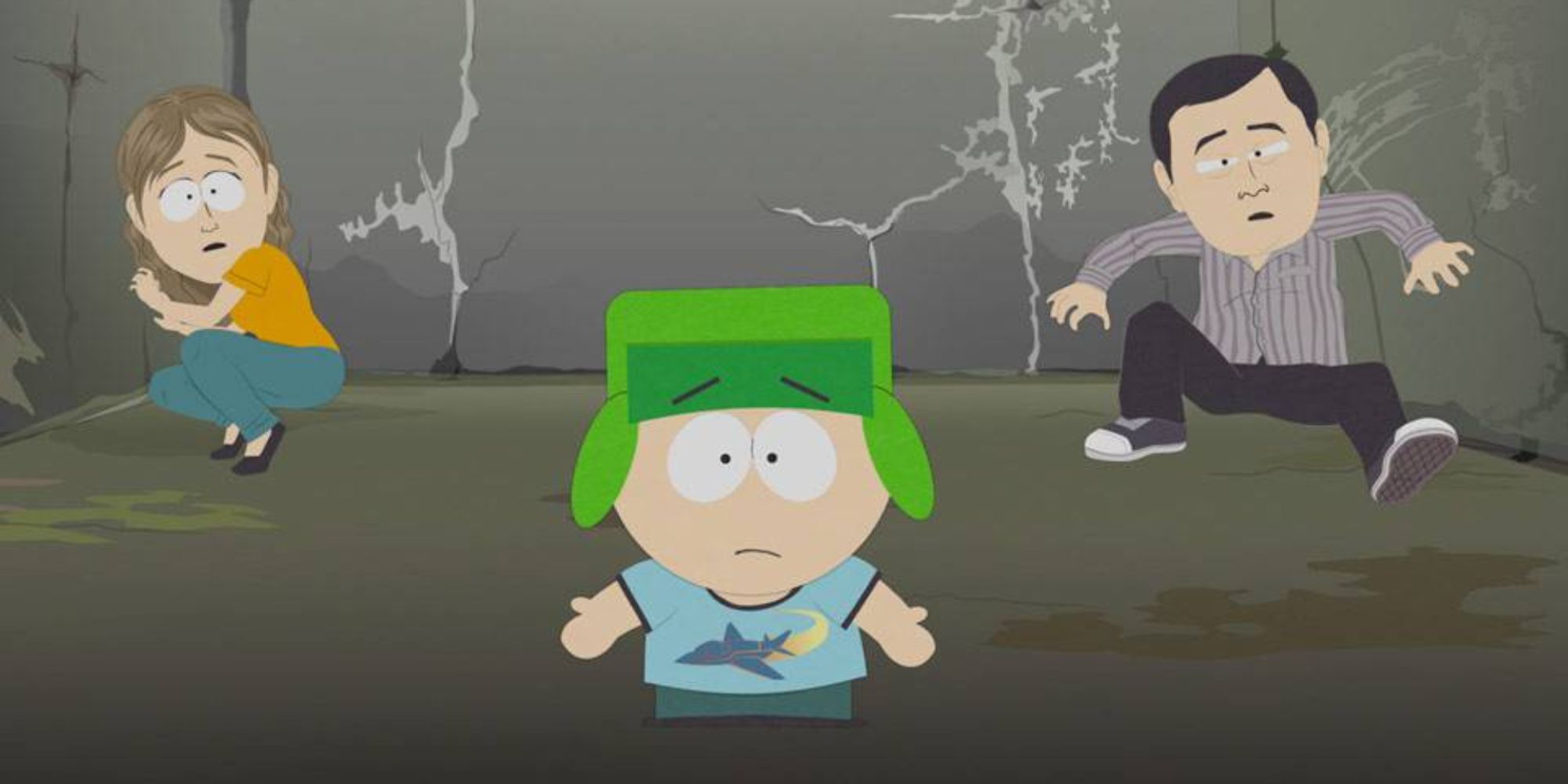 Kyle and two strangers sit in a jail cell in South Park