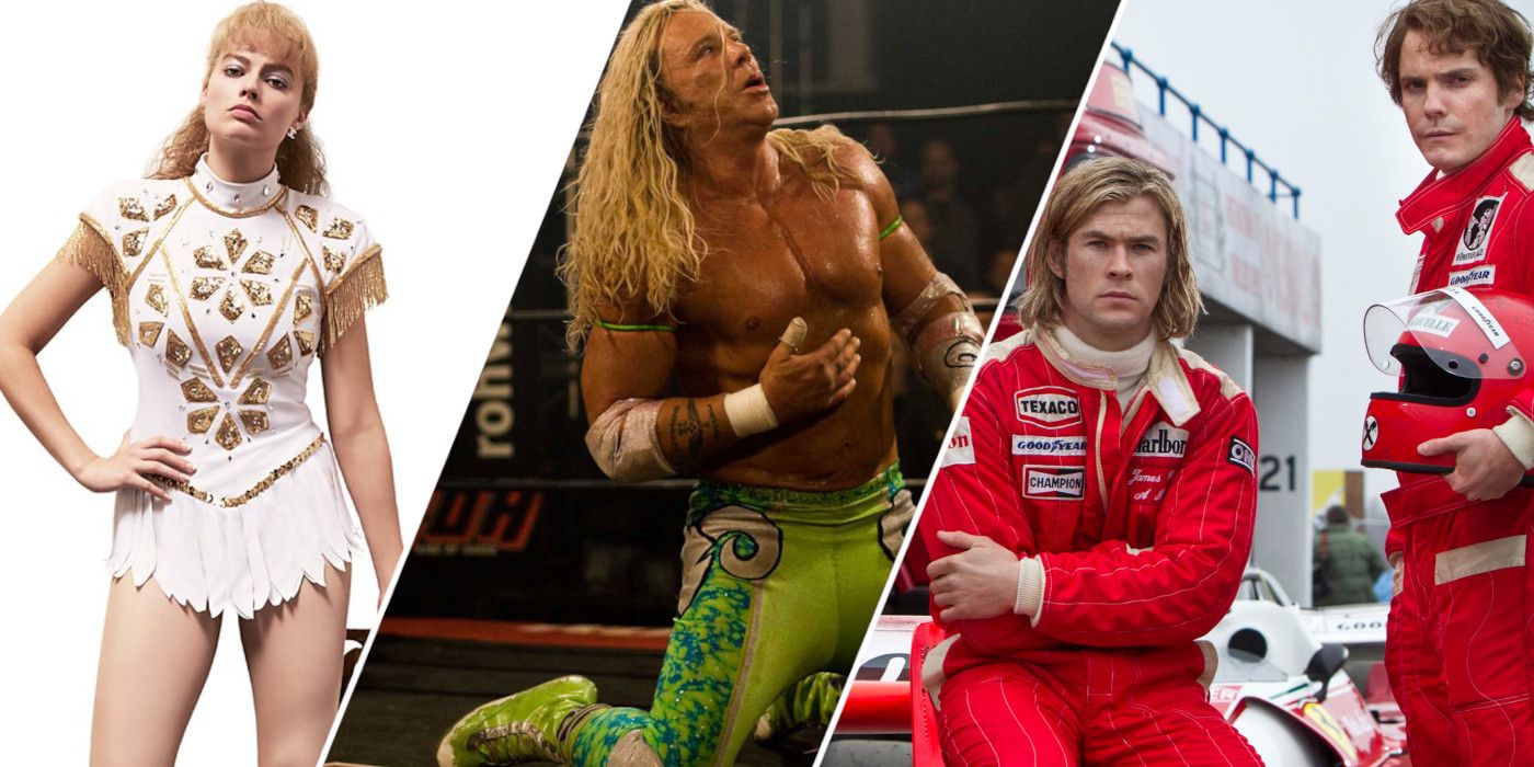Split image showing characters from I, Tonya, The Wrestler, and Rush