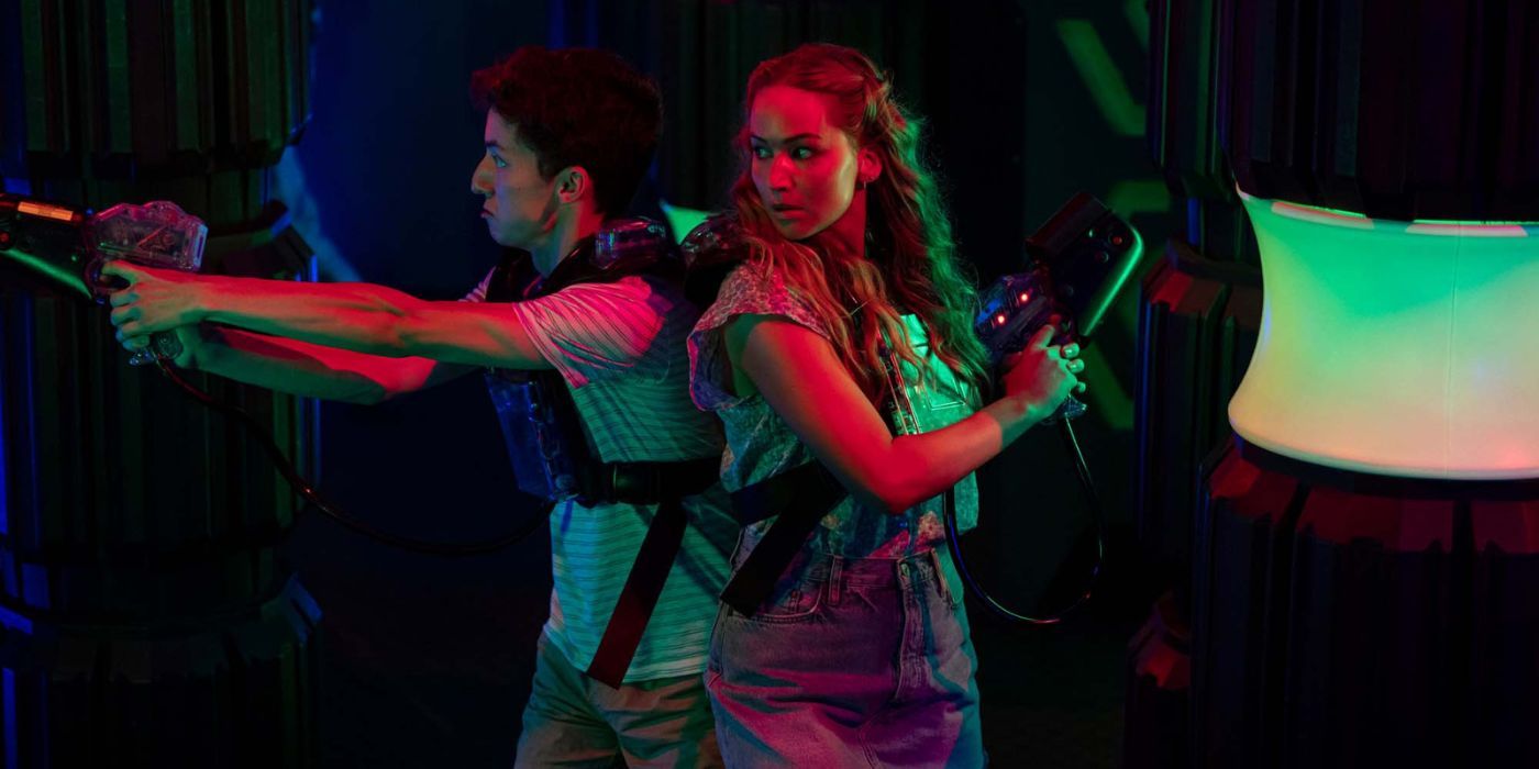 Andrew Barth Feldman and Jennifer Lawrence playing laser tag in No Hard Feelings