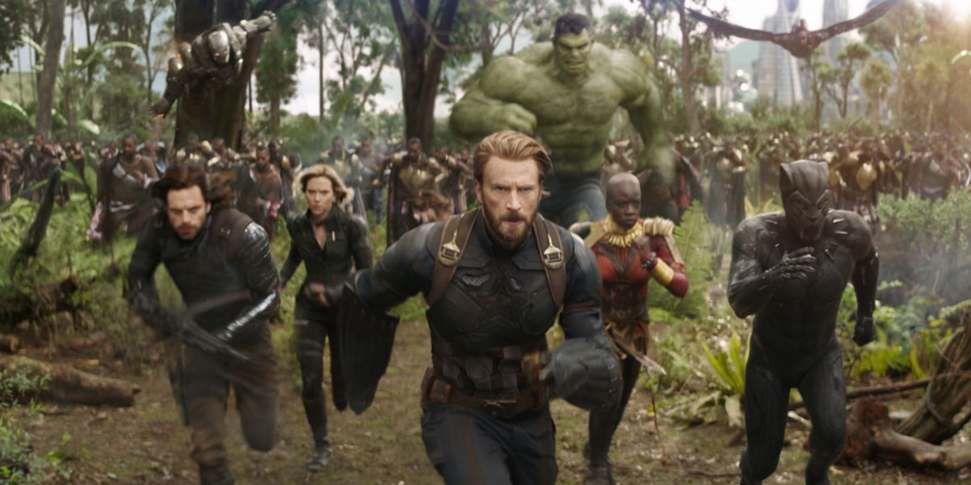 The Avengers running towards Thanos' Army in Wakanda in Avengers: Infinity War
