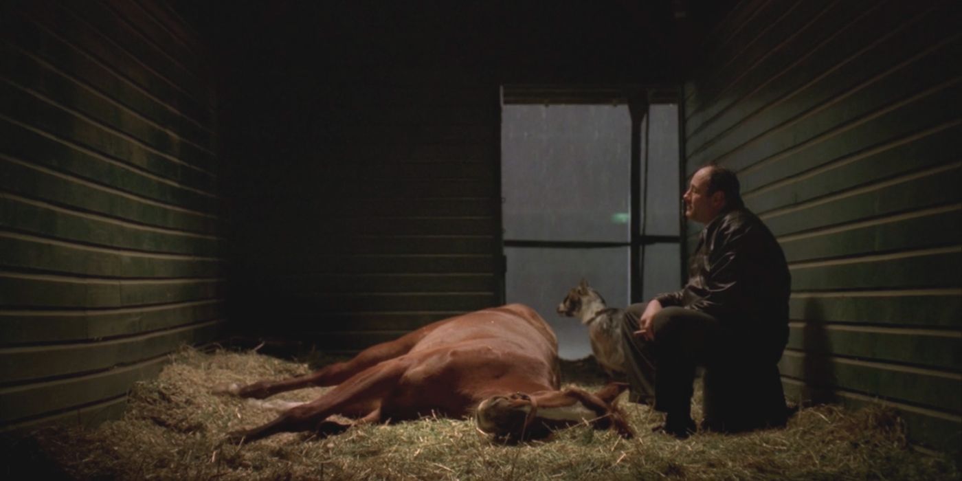 James Gandolfini sitting in a barn with his horse Pie-O-My and a goat in The Sopranos-2