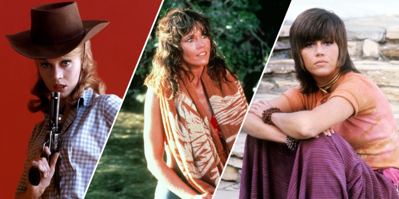 Split image showing Jane Fonda in Cat Ballou, On Golden Pond, and Klute