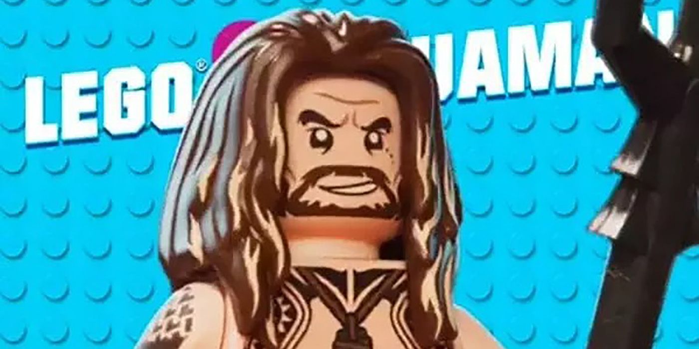 Lego Aquaman standing in front of a blue Lego board in a scene from The Lego Movie Part 2.
