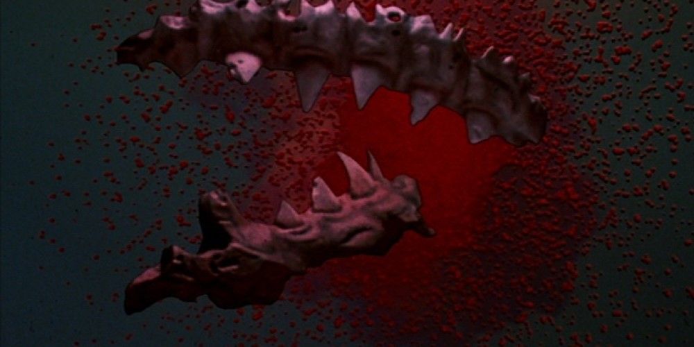 The shark explodes in Jaws 3, with a 3D jawbone flying toward the screen