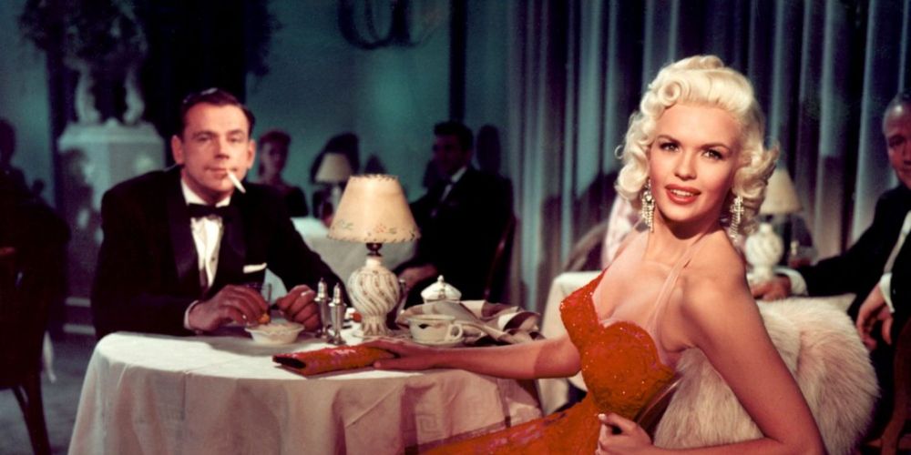 Jayne Mansfield wearing a red dress in The Girl Can't Help It