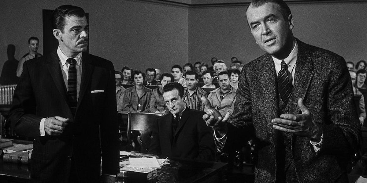 Jimmy Stewart pleading his case in a courtroom in Anatomy of a Murder