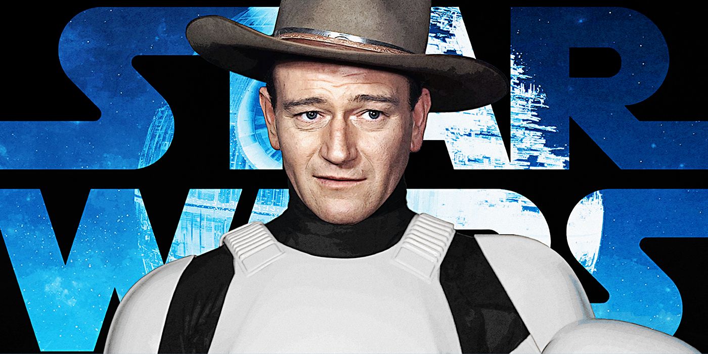 John Wayne as a Stormtrooper with the Star Wars logo and the death star behind him