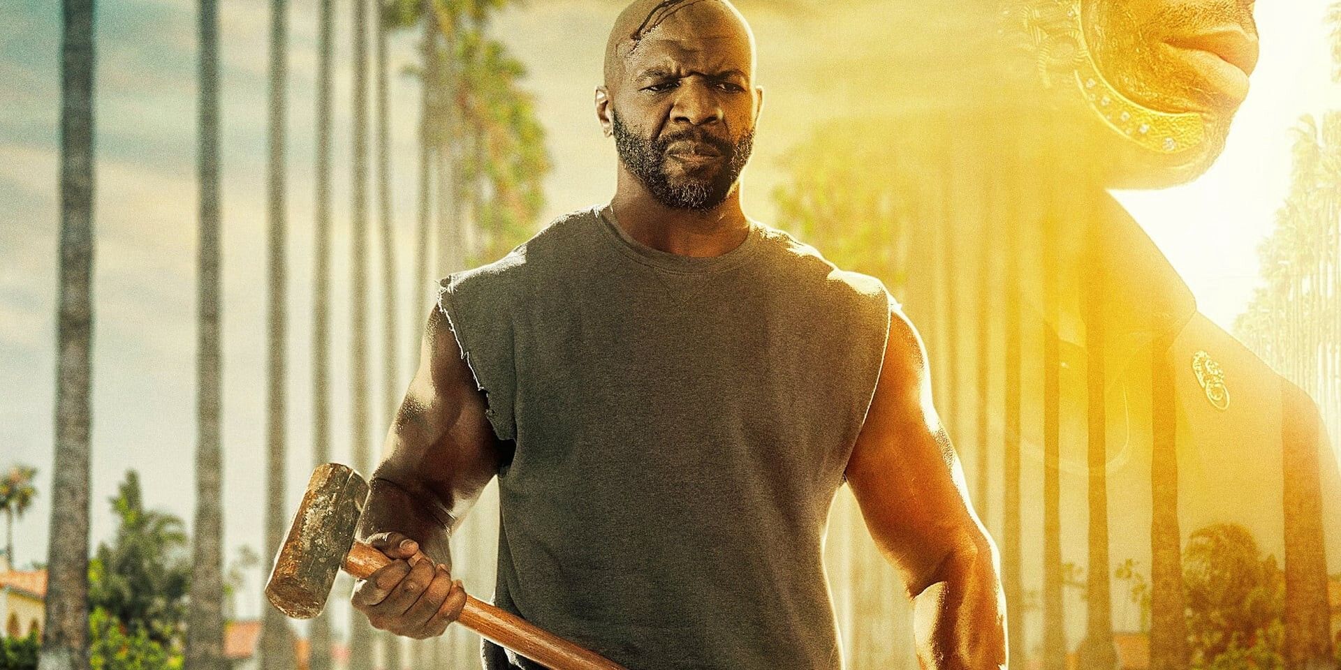 A promotional still for the film 'John Henry' featuring Terry Crews as the titular John Henry holding a sledgehammer