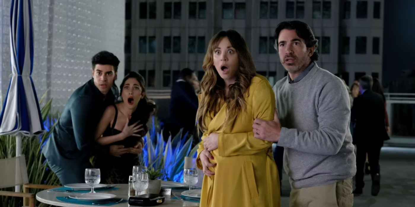 Kailey Cuoco as Ava and Chris Messina as Nathan looking shocked in 'Based on a True Story'
