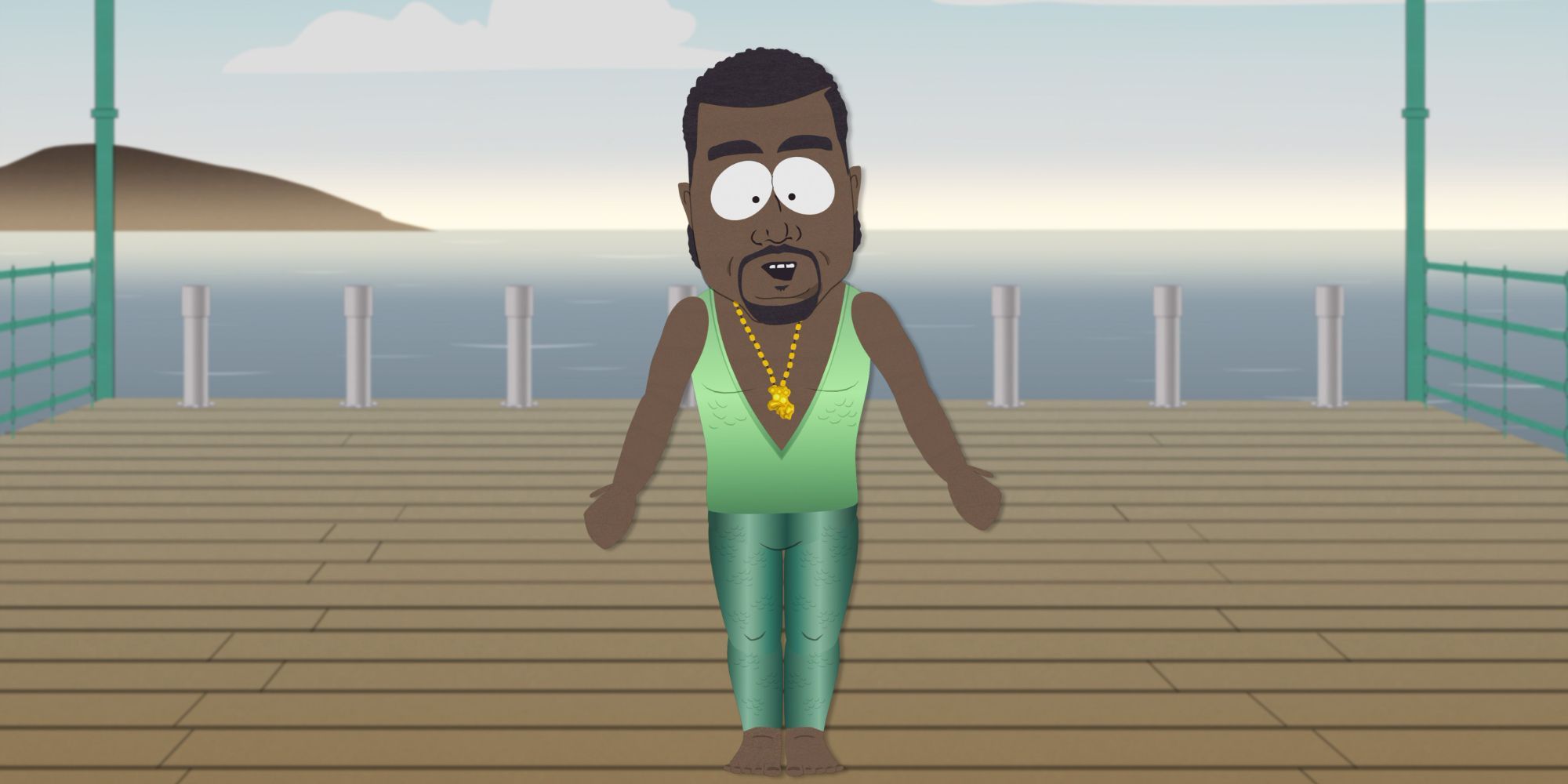 Kanye West prepares to swim in Fish Sticks (South Park)
